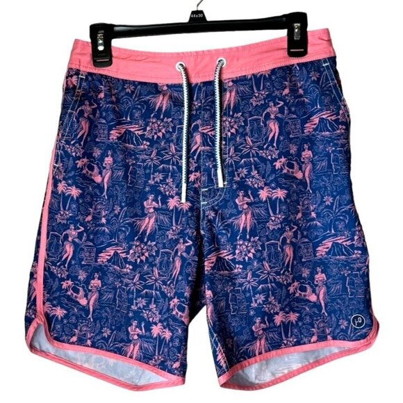 Johnnie O Swim Trunks Men Small‎ Blue Pink Honolulu Hawaii Tropical Surf Shorts - Picture 2 of 11